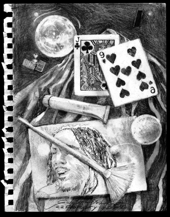 2022 0222 still life with cards gouached tube moons nd fan brush